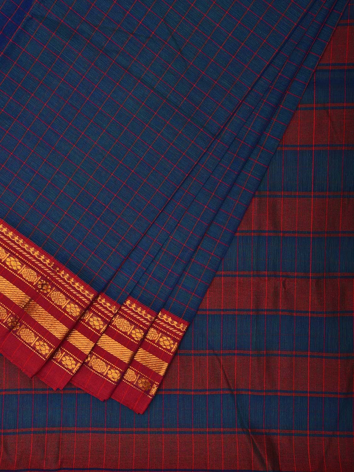 Navy Blue and Pink Narayanpet Cotton Handloom Saree with Checks Design No Blouse np1013