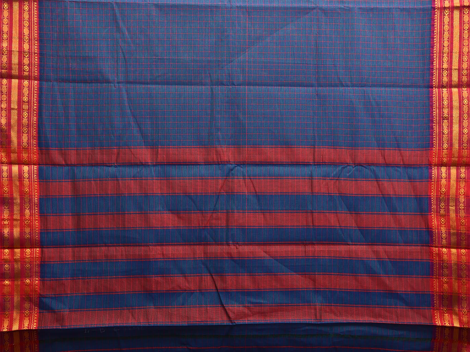 Navy Blue and Pink Narayanpet Cotton Handloom Saree with Checks Design No Blouse np1013
