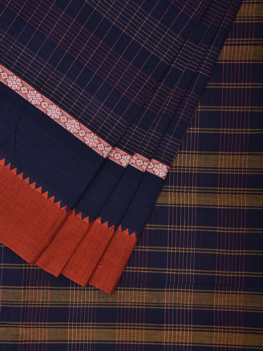 Navy Blue and Rust Narayanpet Cotton Handloom Saree with Checks Design and Big Border No Blouse np1015