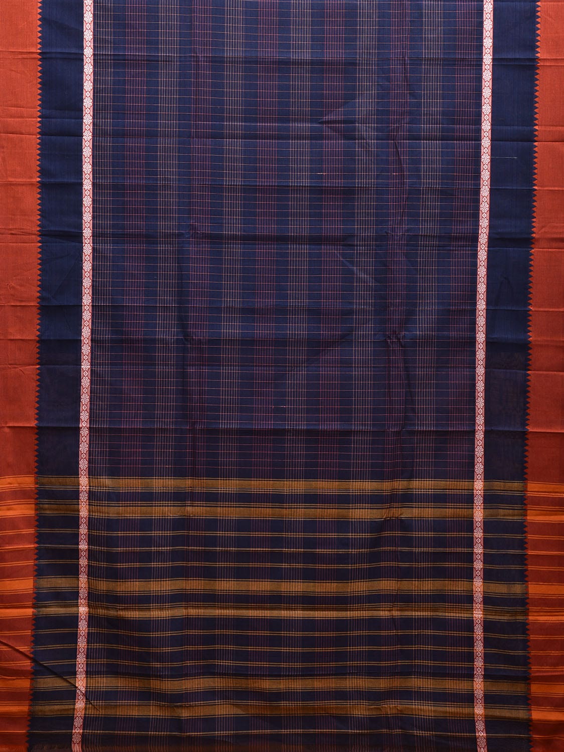 Navy Blue and Rust Narayanpet Cotton Handloom Saree with Checks Design and Big Border No Blouse np1015