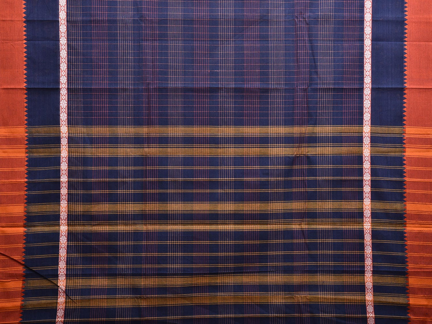 Navy Blue and Rust Narayanpet Cotton Handloom Saree with Checks Design and Big Border No Blouse np1015