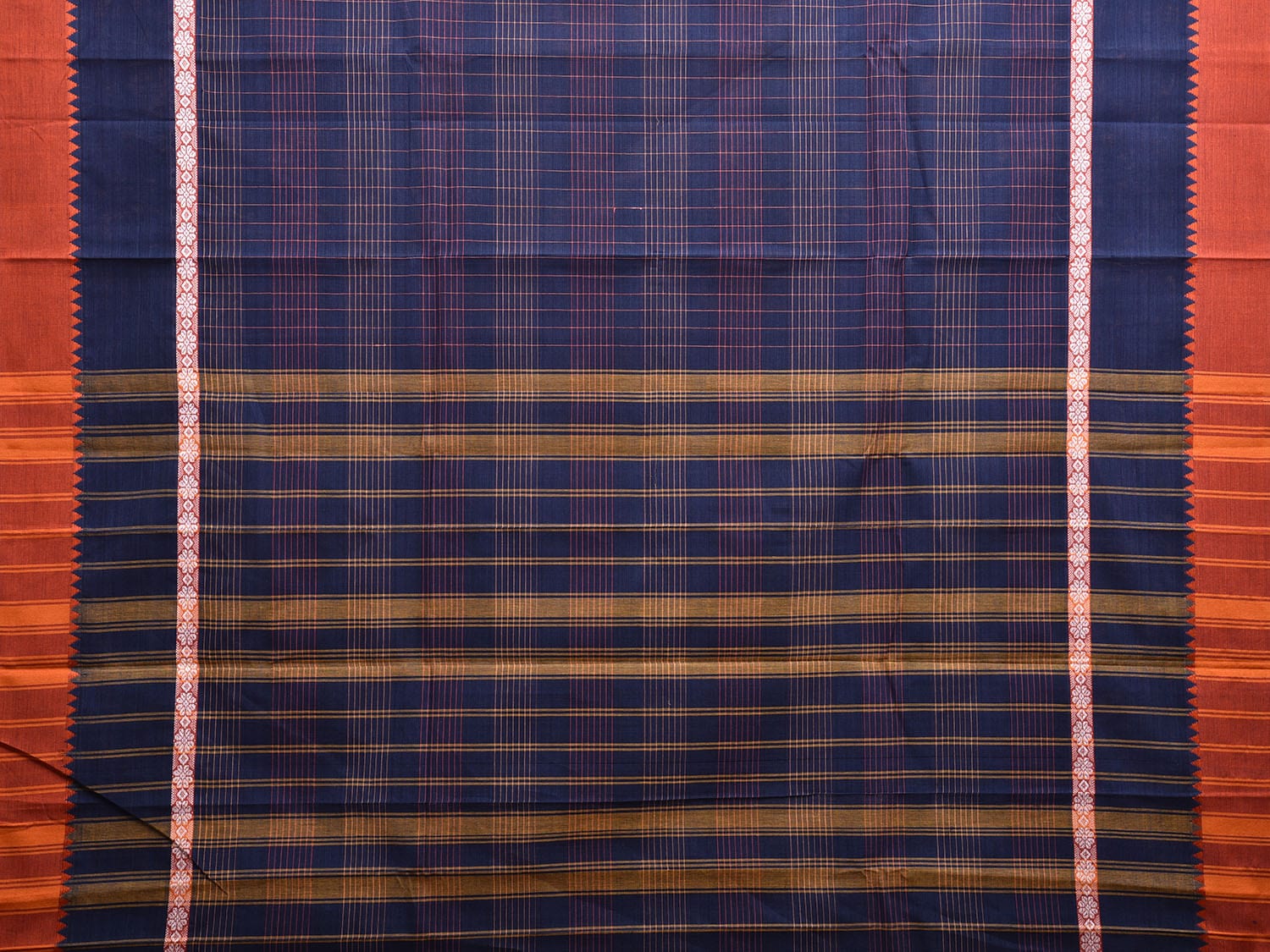 Navy Blue and Rust Narayanpet Cotton Handloom Saree with Checks Design and Big Border No Blouse np1015