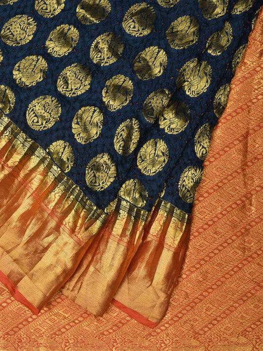 Navy Blue Bandhani Kanchipuram Silk Handloom Saree with Shikari and Peacock Buta Design bn0250