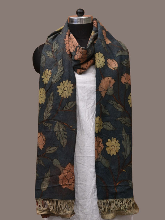 Navy Kalamkari Hand Painted Cotton Handloom Dupatta with Floral and Doby Border Design ds3167