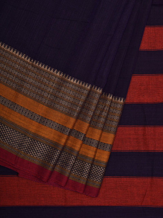 Navy Kanchi Cotton Plain Saree wtih One Side Border Design o0325