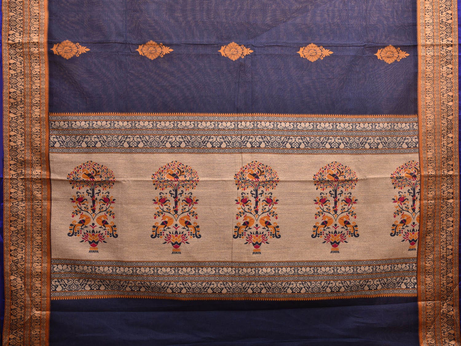 Navy Kanchipuram Cotton Saree with Body Buta and Peacock Border Design k0712