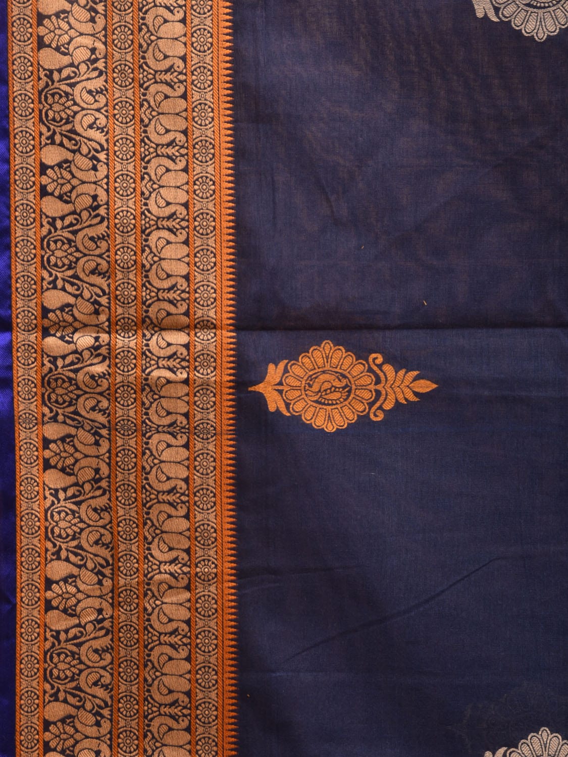 Navy Kanchipuram Cotton Saree with Body Buta and Peacock Border Design k0712