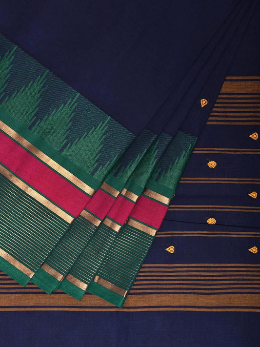 Navy Kanchipuram Cotton Saree with Ganga-Jamuna Temple Border Design k0810