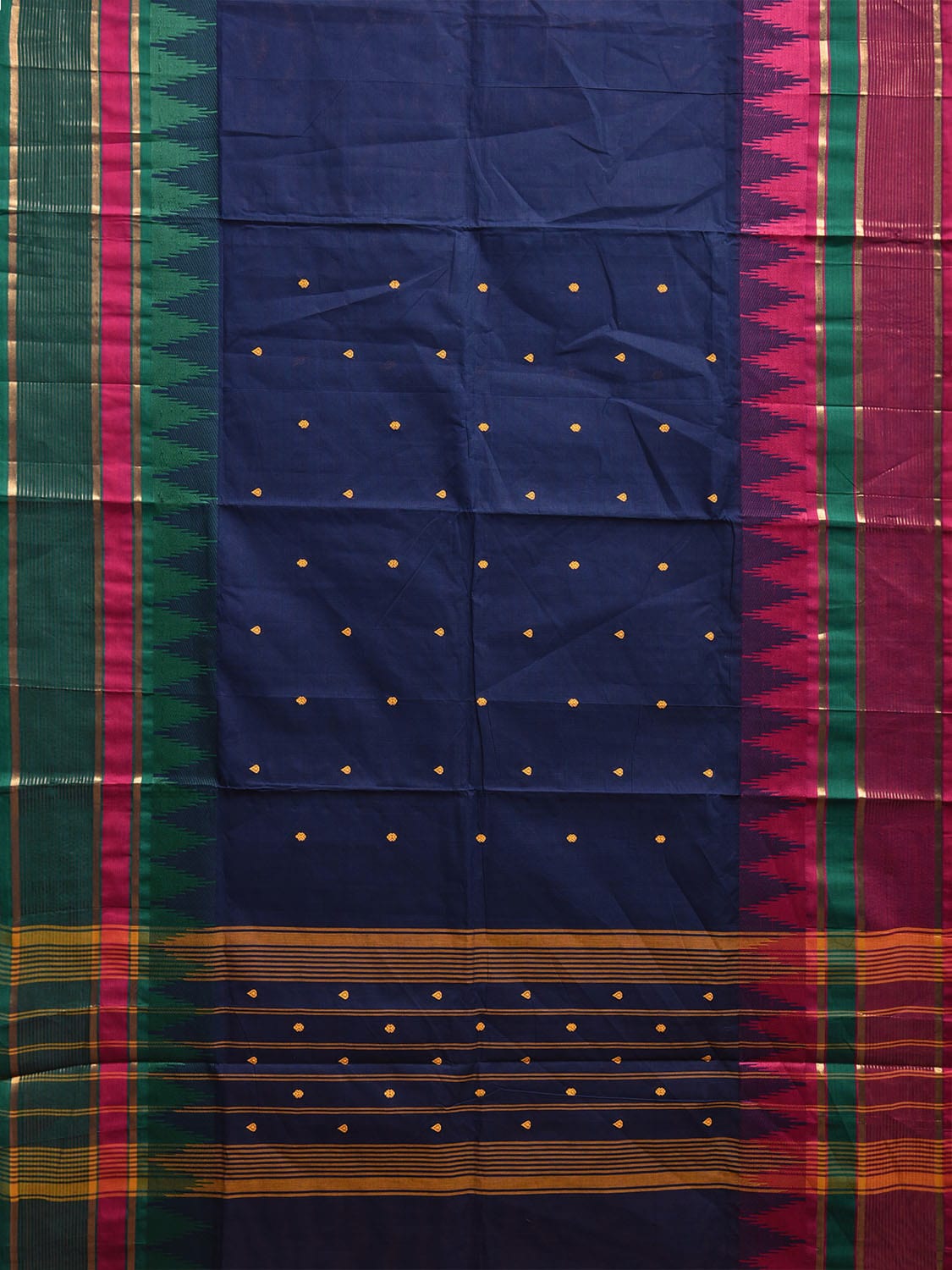 Navy Kanchipuram Cotton Saree with Ganga-Jamuna Temple Border Design k0810