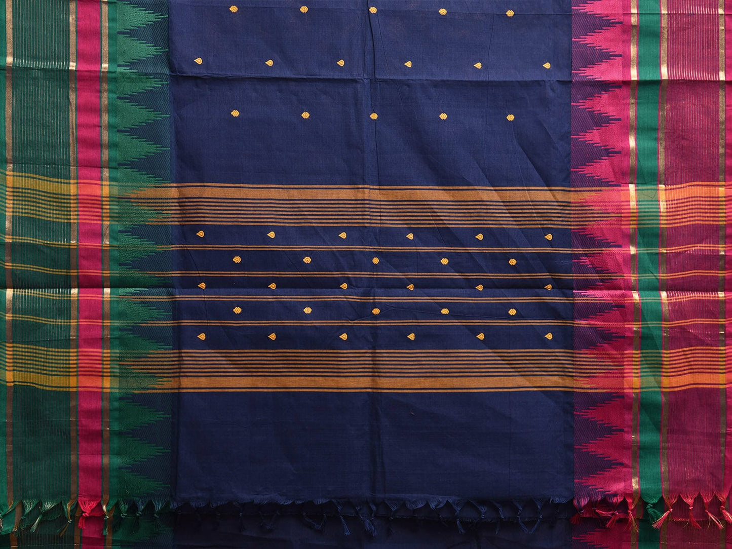 Navy Kanchipuram Cotton Saree with Ganga-Jamuna Temple Border Design k0810