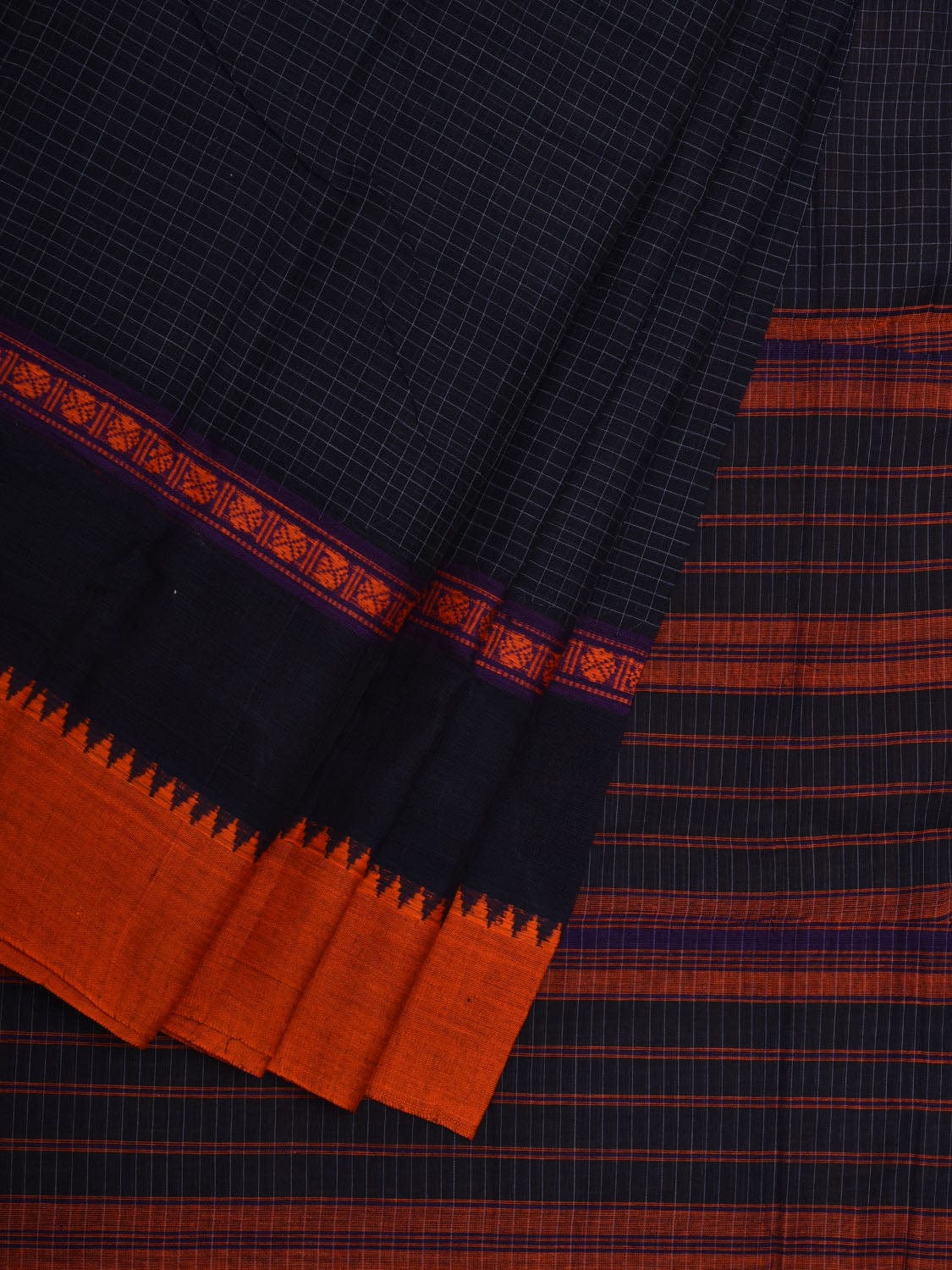 Navy Narayanpet Cotton Handloom Saree with Checks Design No Blouse np0564