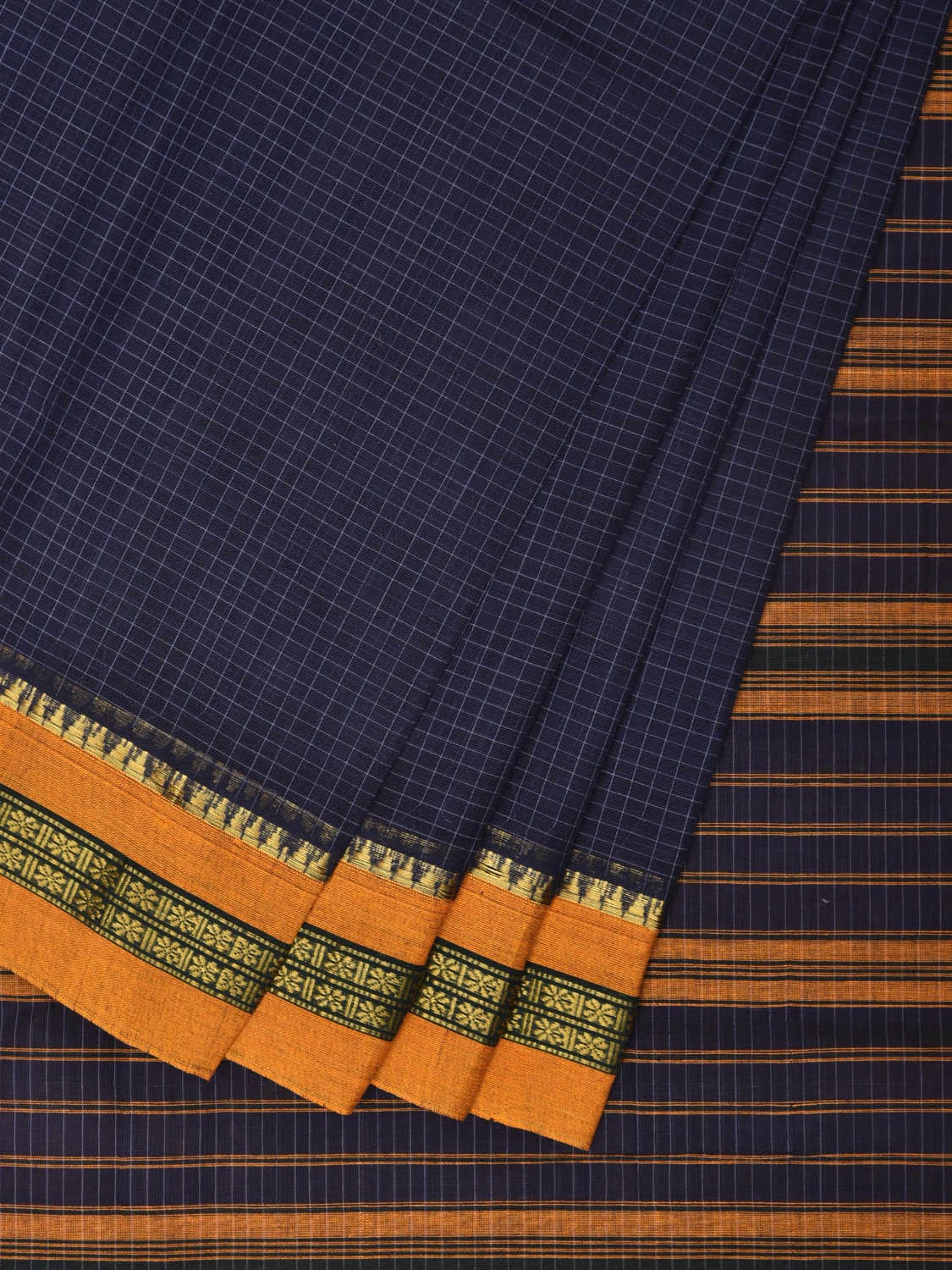 Navy Narayanpet Cotton Handloom Saree with Checks Design No Blouse np0759