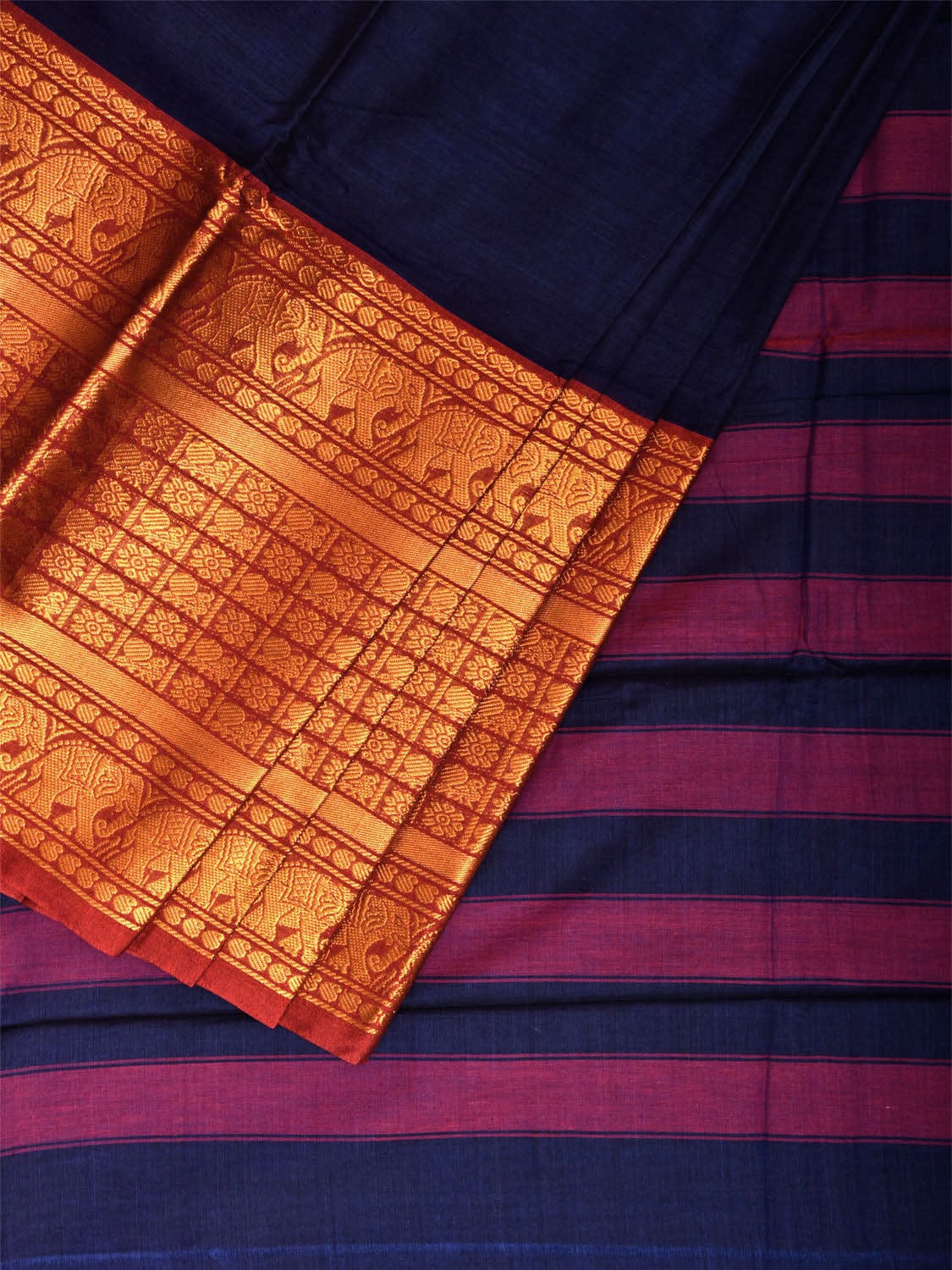 Navy Narayanpet Cotton Plain Saree with Strips Pallu and Big Border Design No Blouse np1125