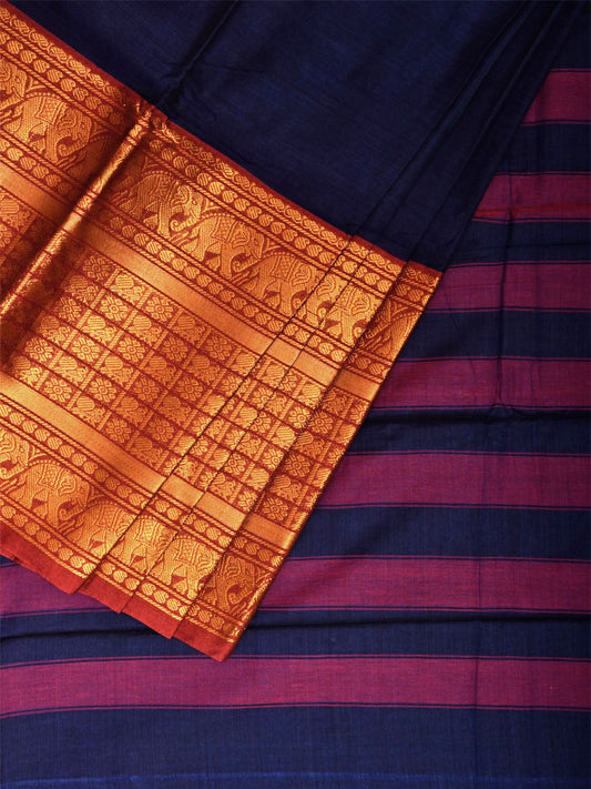 Navy Narayanpet Cotton Plain Saree with Strips Pallu and Big Border Design No Blouse np1125