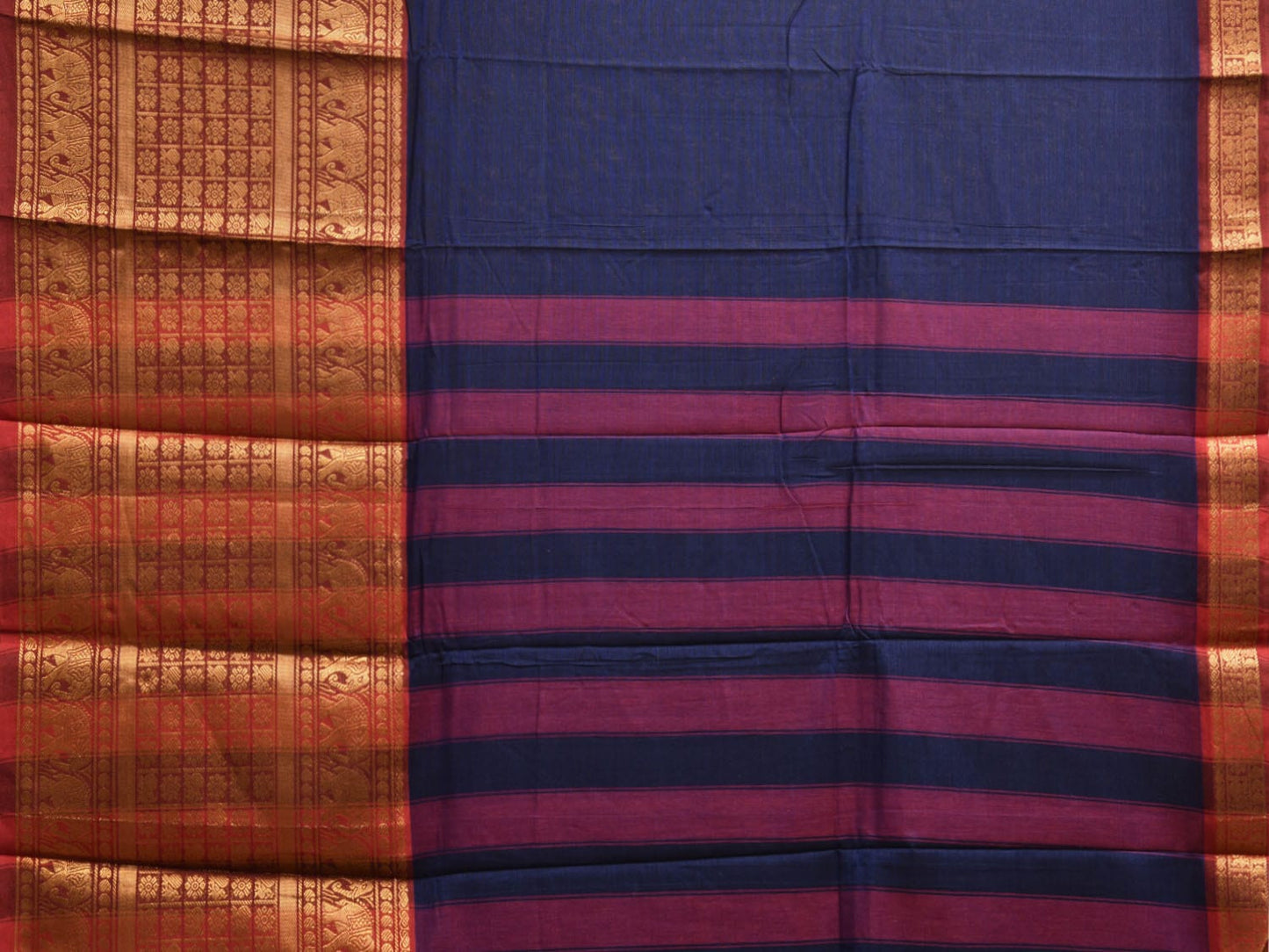 Navy Narayanpet Cotton Plain Saree with Strips Pallu and Big Border Design No Blouse np1125