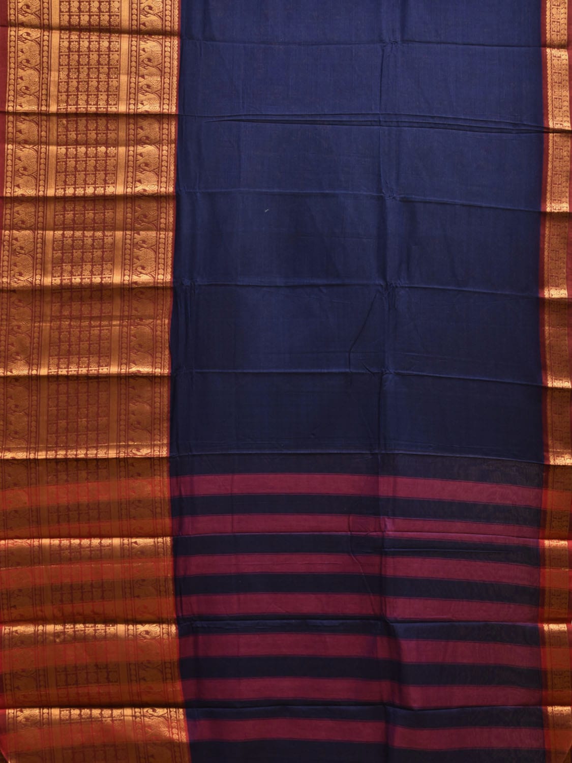 Navy Narayanpet Cotton Plain Saree with Strips Pallu and Big Border Design No Blouse np1125