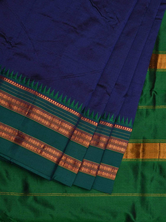 Navy Narayanpet Silk Handloom Plain Saree with Traditional Border Design No Blouse np0484