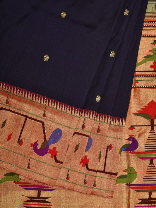 Navy Paithani Silk Handloom Saree with Peacock and Parrot Border Design p0408