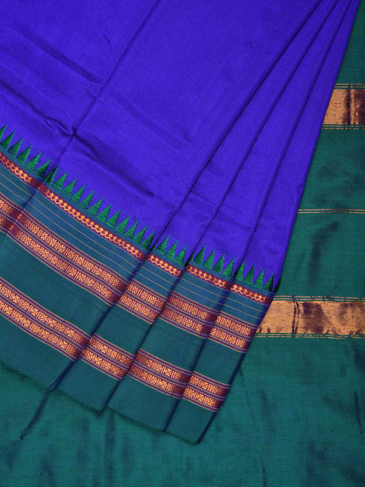 Blue Narayanpet Silk Handloom Plain Saree with Temple Border No Blouse np0178