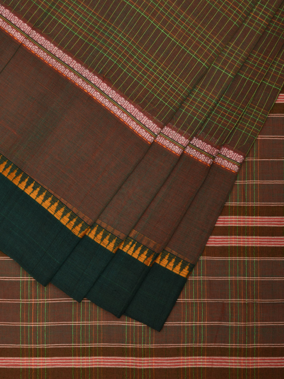 Olive and Green Narayanpet Cotton Handloom Saree with Checks Design No Blouse np0953