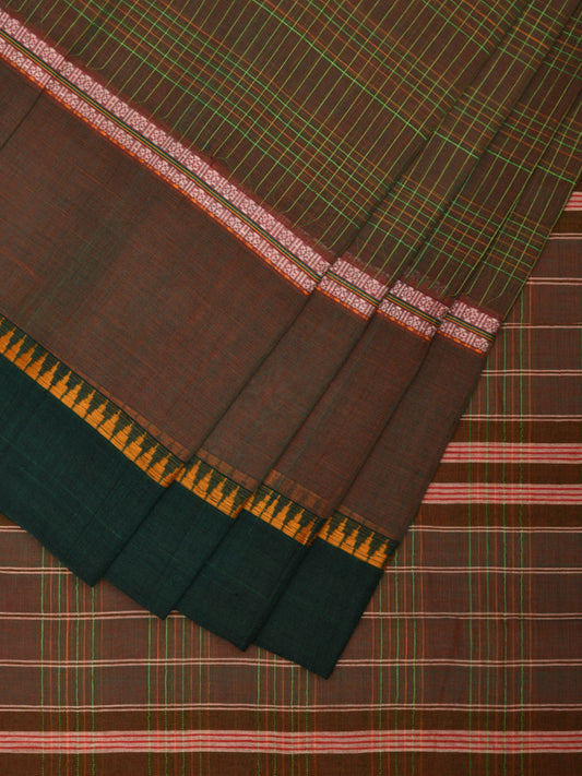 Olive and Green Narayanpet Cotton Handloom Saree with Checks Design No Blouse np0953