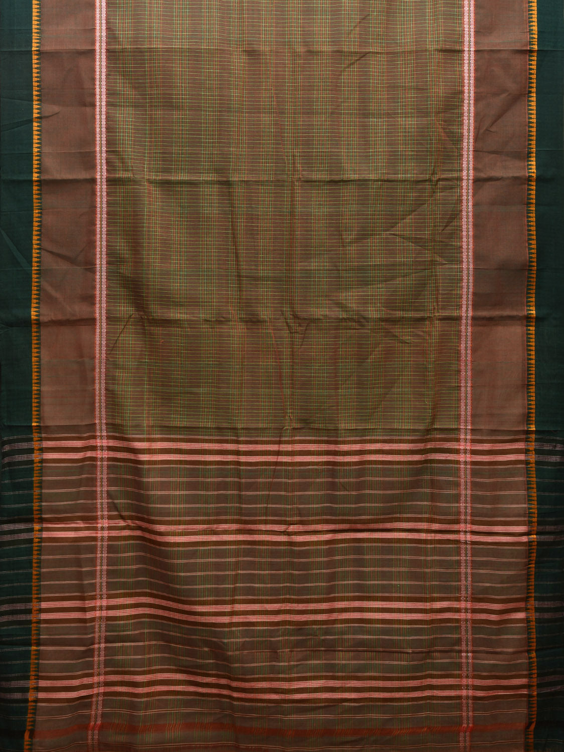 Olive and Green Narayanpet Cotton Handloom Saree with Checks Design No Blouse np0953