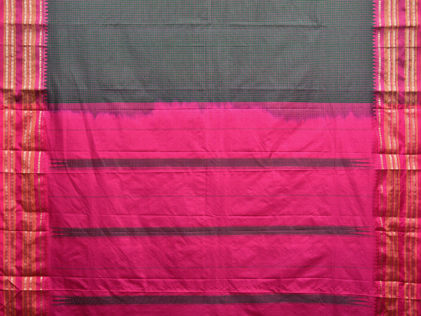 Dark Green and Pink Narayanpet Silk Handloom Saree with Checks Design np0954