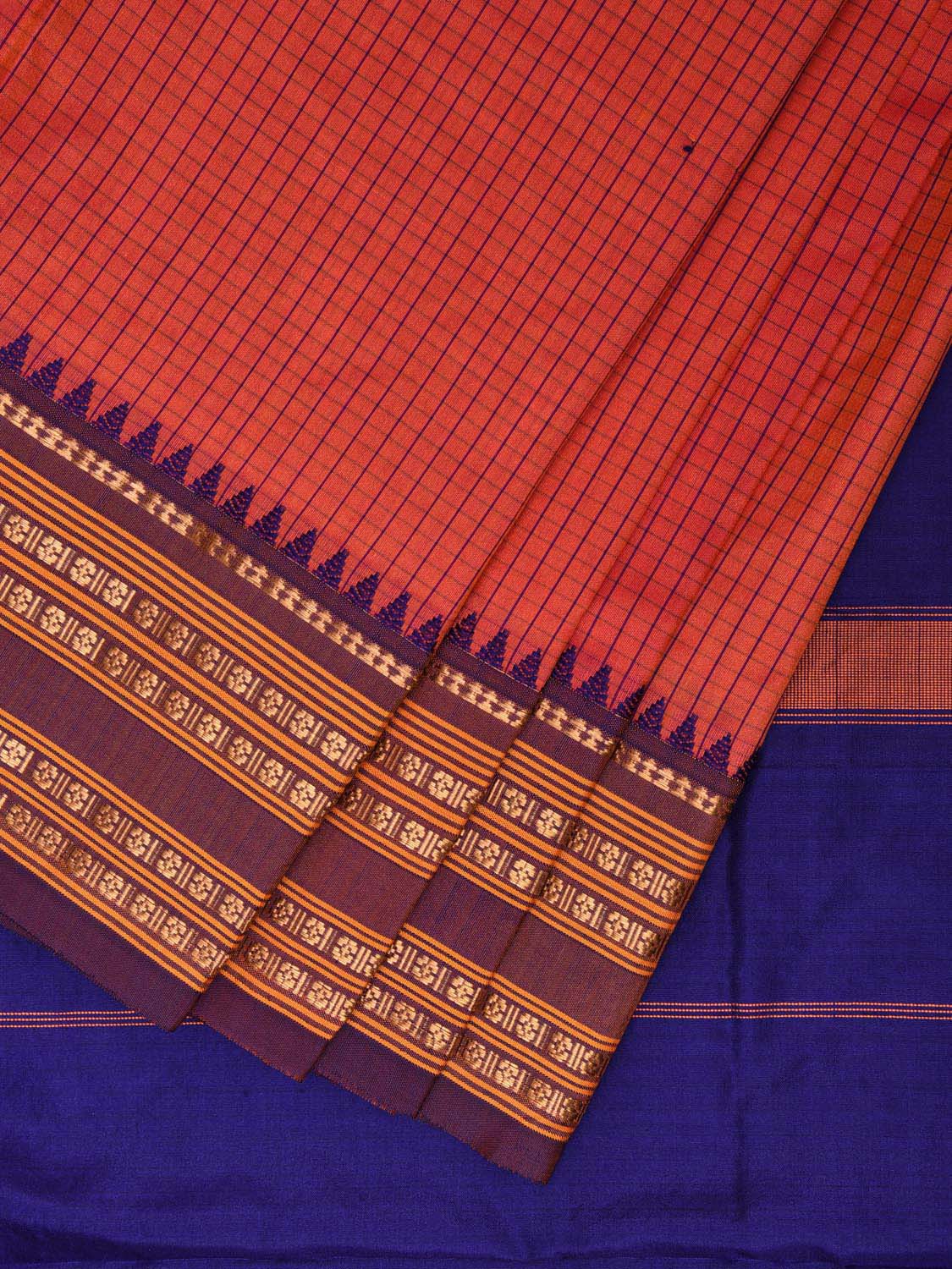 Peach and Blue Narayanpet Silk Handloom Saree with Checks Design np0956