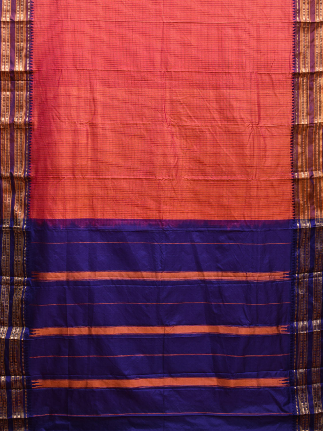 Peach and Blue Narayanpet Silk Handloom Saree with Checks Design np0956
