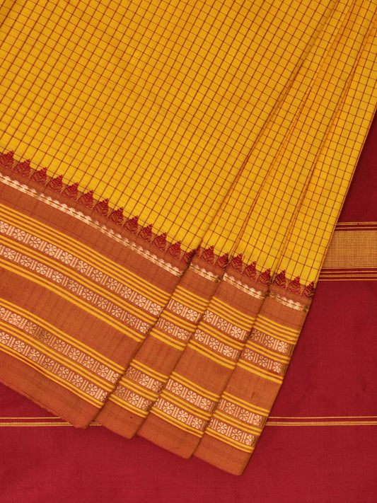 Yellow and Red Narayanpet Silk Handloom Saree with Checks Design np0957