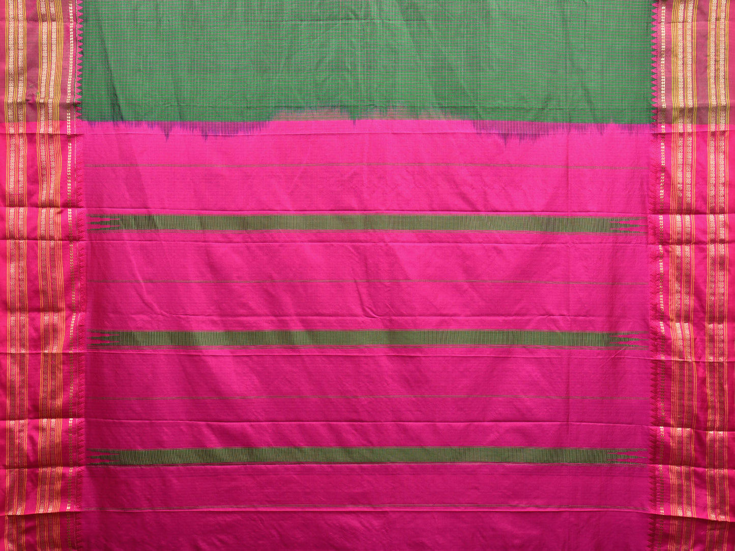 Green and Pink Narayanpet Silk Handloom Saree with Checks Design np0958