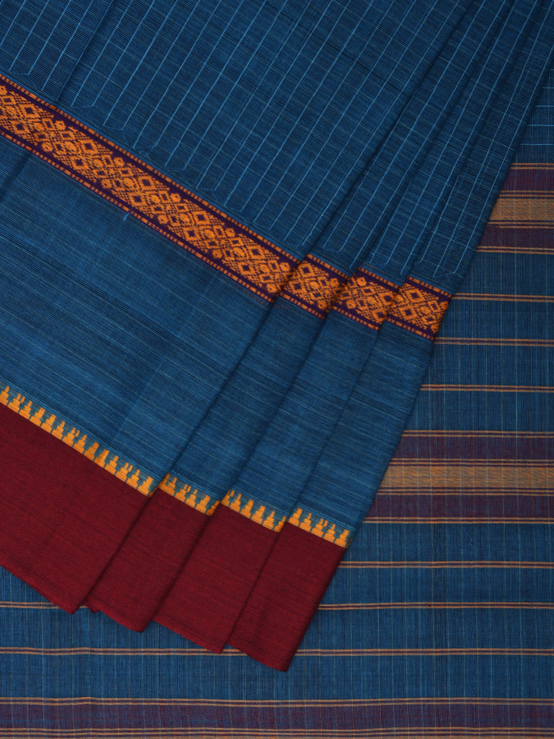 Blue and Maroon Narayanpet Cotton Handloom Saree with Checks Design No Blouse np0961