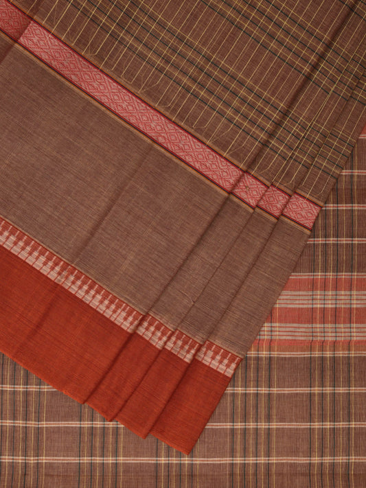 Fawn and Rust Narayanpet Cotton Handloom Saree with Checks Design No Blouse np0962