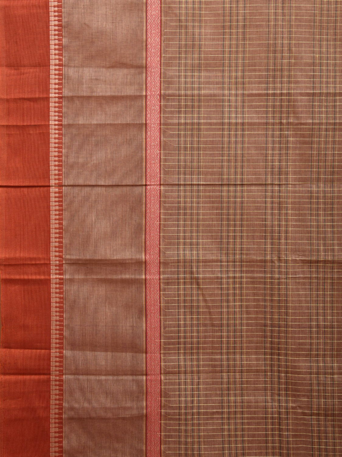 Fawn and Rust Narayanpet Cotton Handloom Saree with Checks Design No Blouse np0962