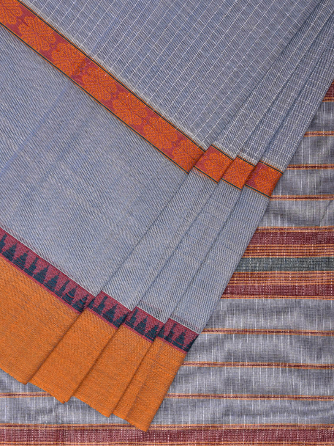 Light Grey and Yellow Narayanpet Cotton Handloom Saree with Checks Design No Blouse np0964