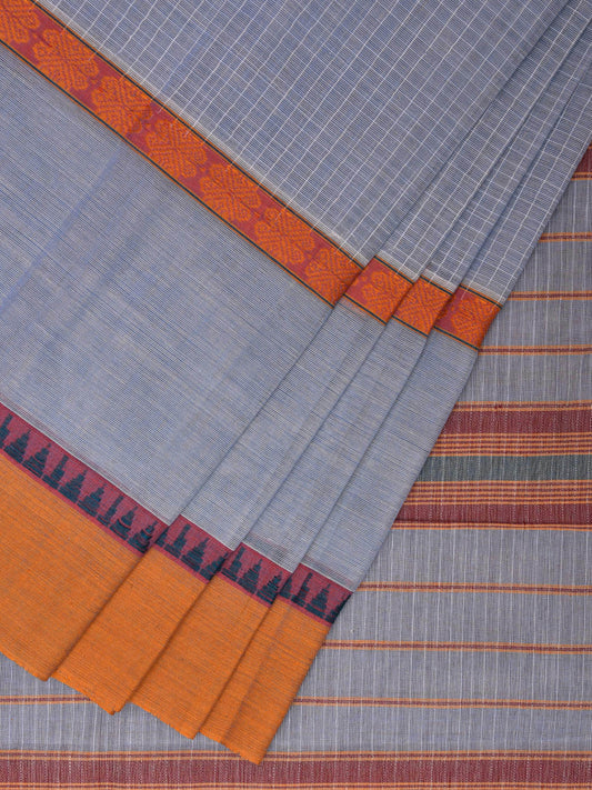 Light Grey and Yellow Narayanpet Cotton Handloom Saree with Checks Design No Blouse np0964