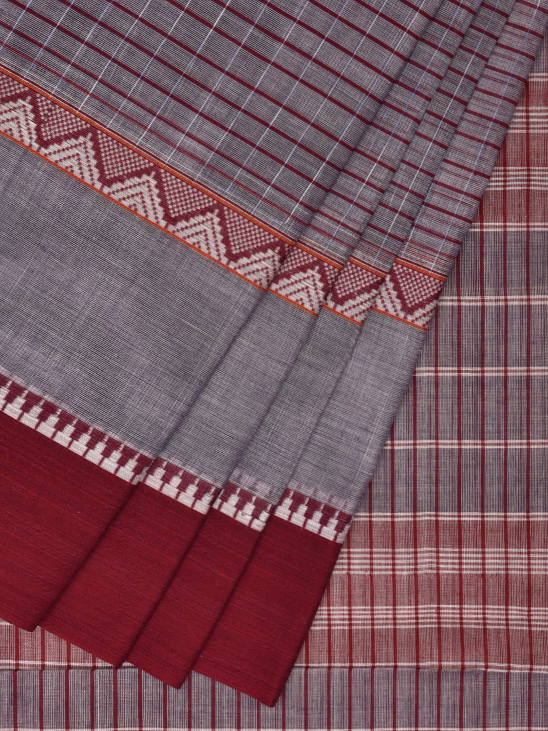 Light Grey and Maroon Narayanpet Cotton Handloom Saree with Checks Design No Blouse np0965