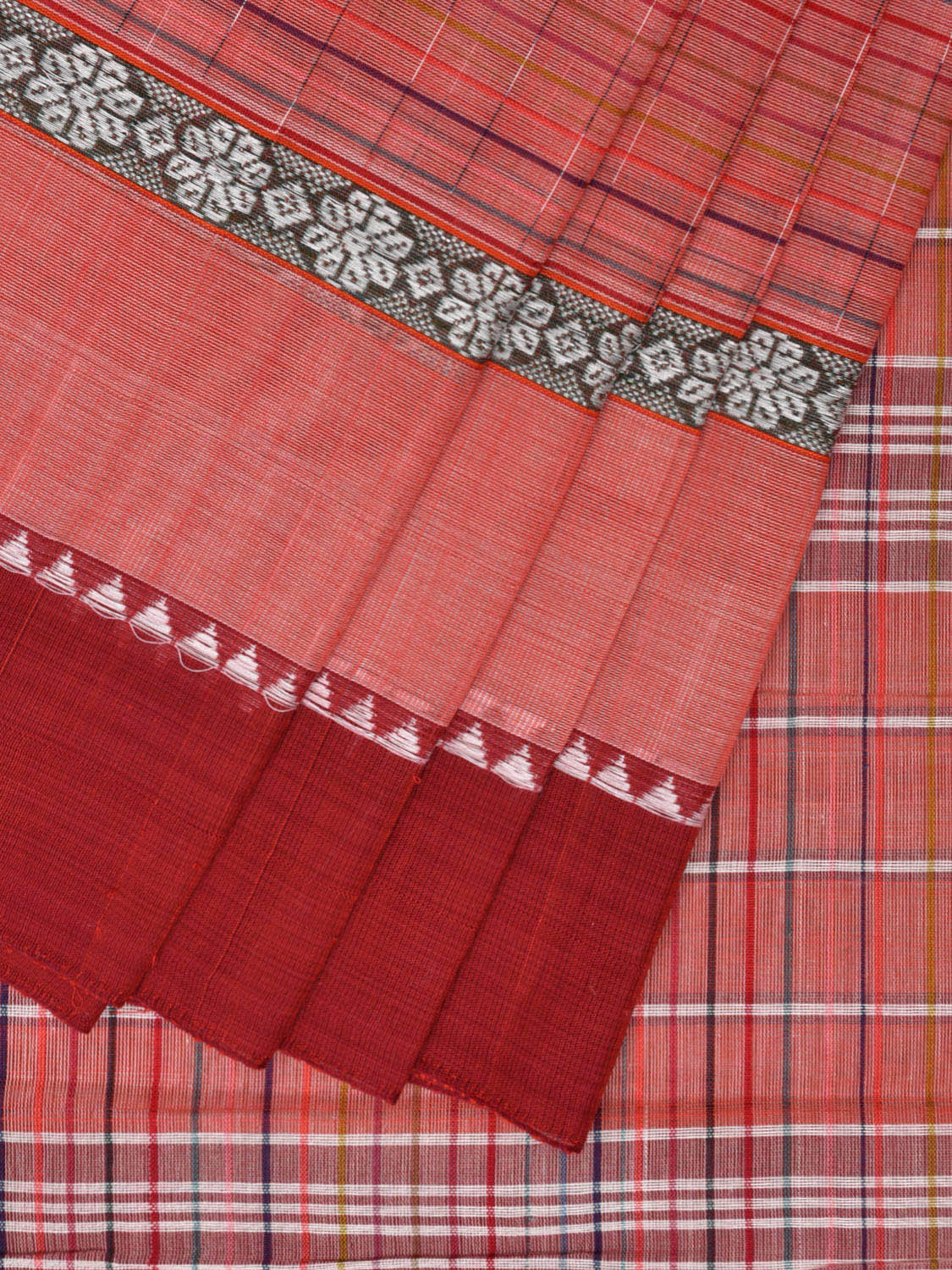 Peach and Maroon Narayanpet Cotton Handloom Saree with Checks Design No Blouse np0966