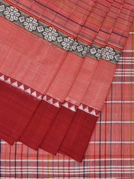 Peach and Maroon Narayanpet Cotton Handloom Saree with Checks Design No Blouse np0966