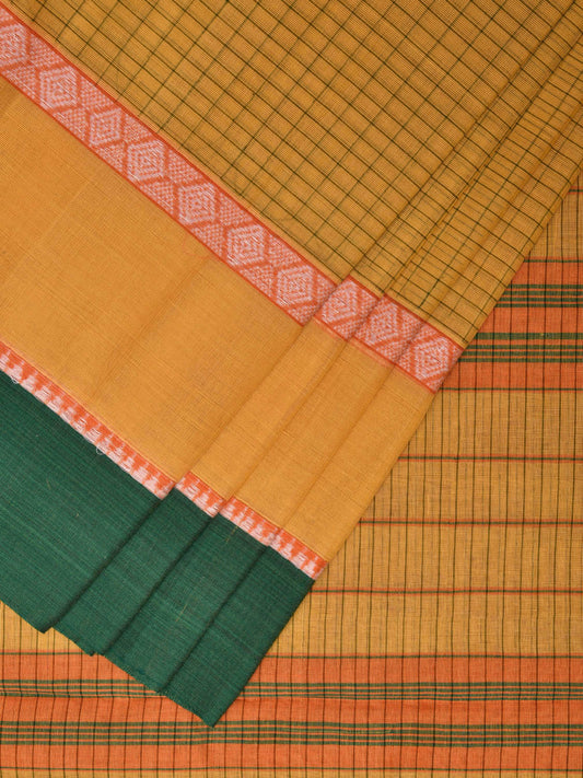 Yellow and Green Narayanpet Cotton Handloom Saree with Checks Design No Blouse np0969