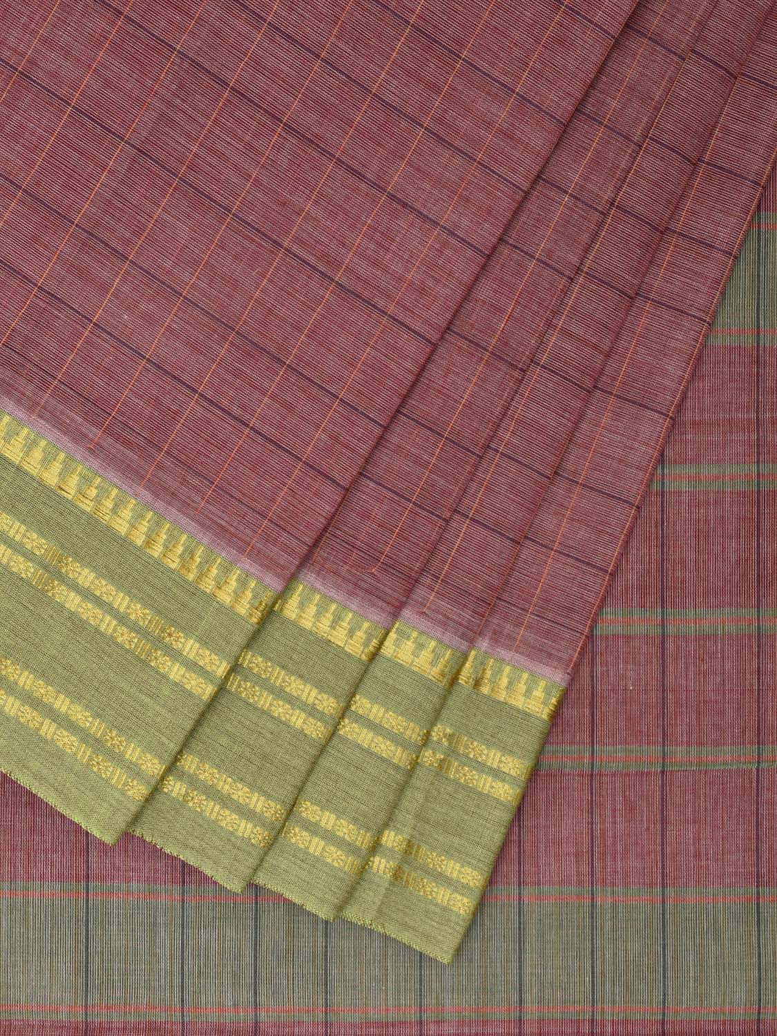 Light Burgundy and Light Green Narayanpet Cotton Handloom Saree with Checks Design No Blouse np0970