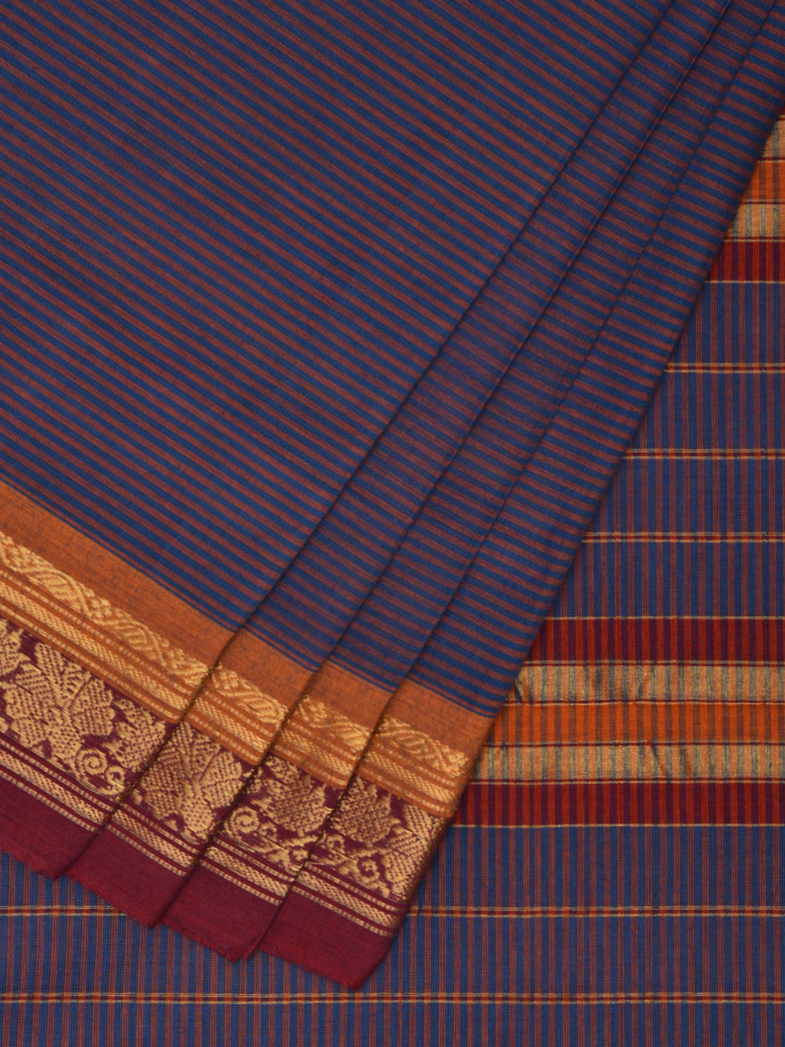 Blue and Red Narayanpet Cotton Handloom Saree with Strips Design No Blouse np0971