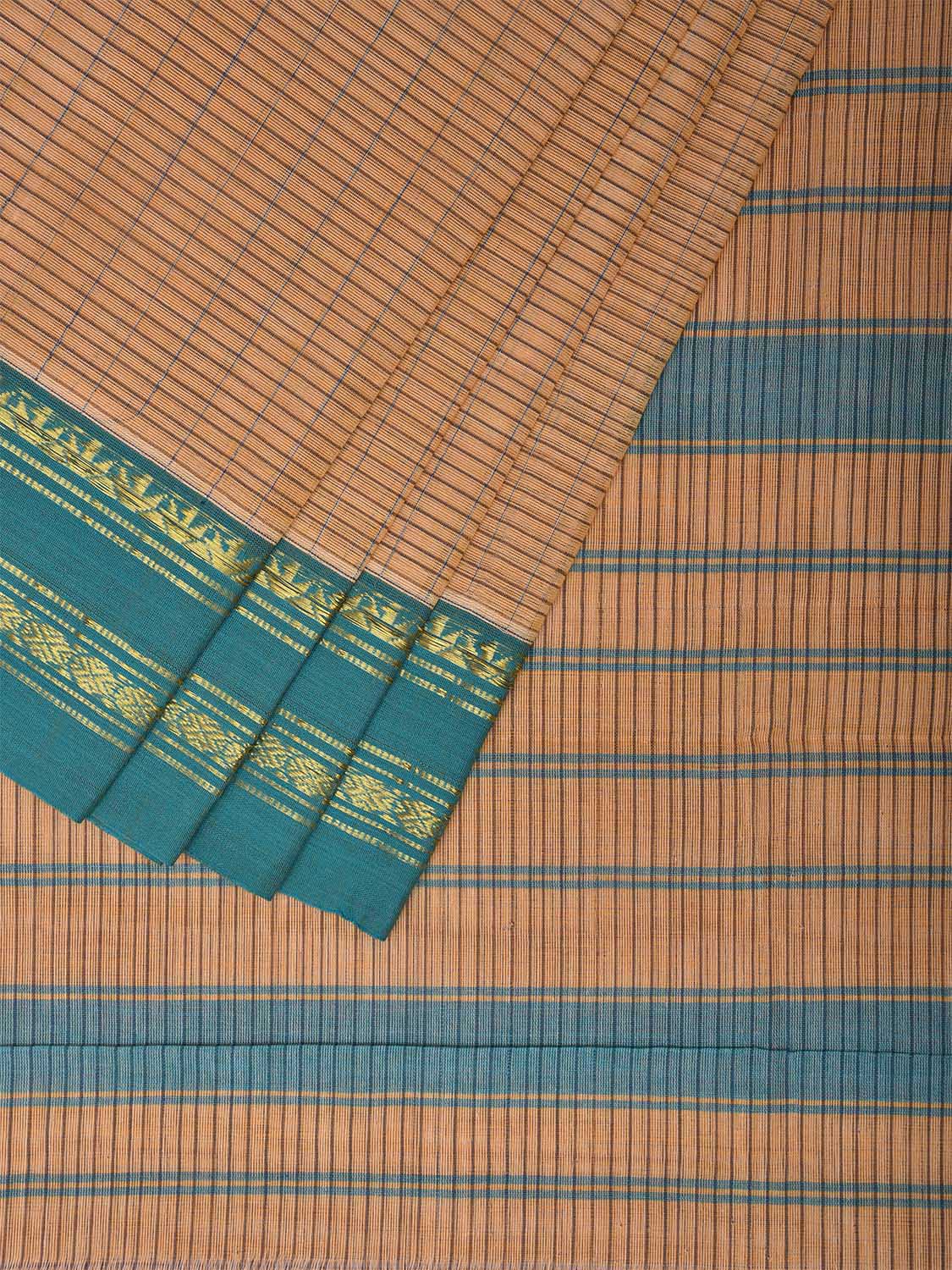 Cream and Turquoise Narayanpet Cotton Handloom Saree with Strips Design No Blouse np0976