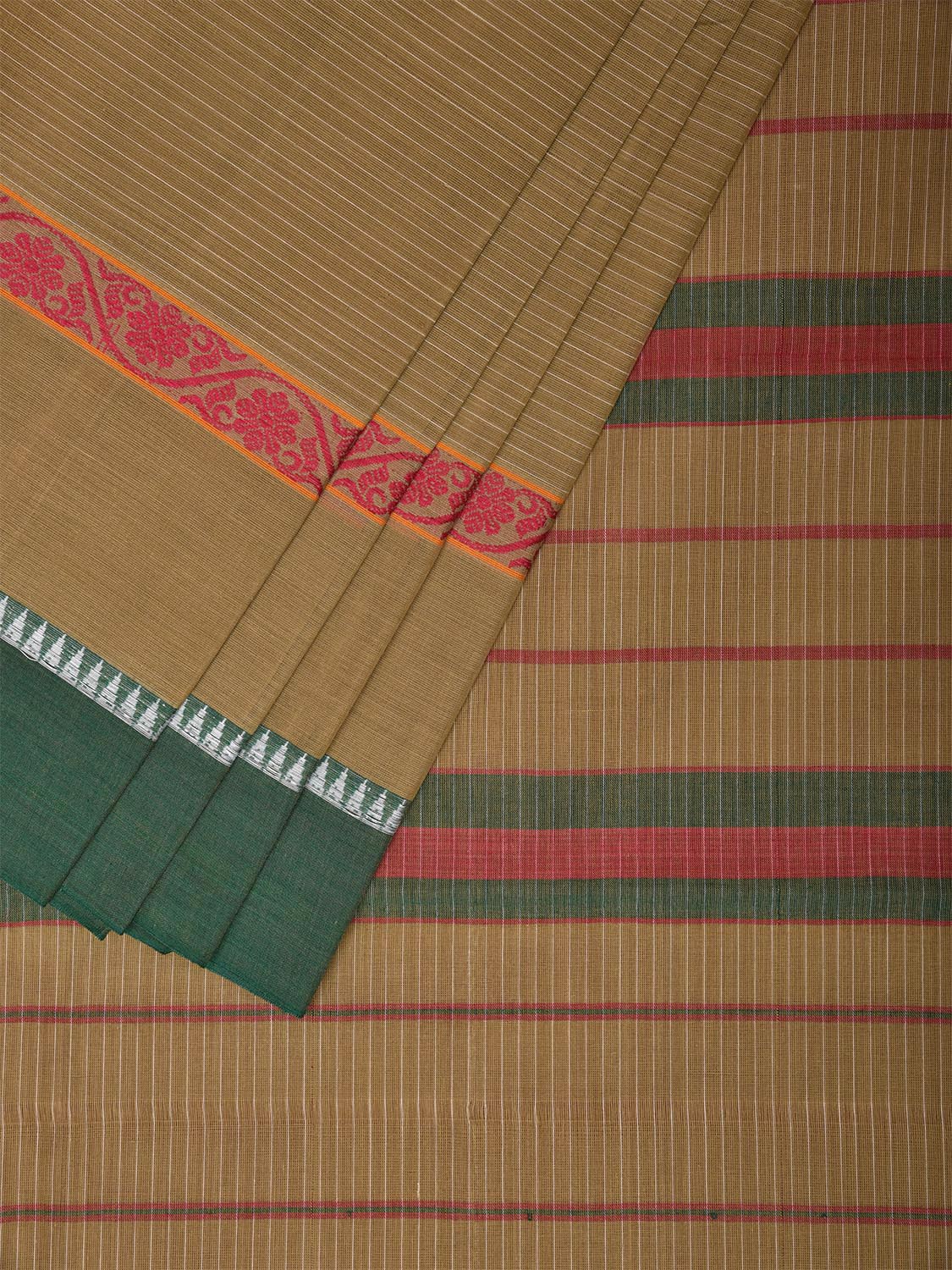 Olive and Green Narayanpet Cotton Handloom Saree with Strips Design No Blouse np0978