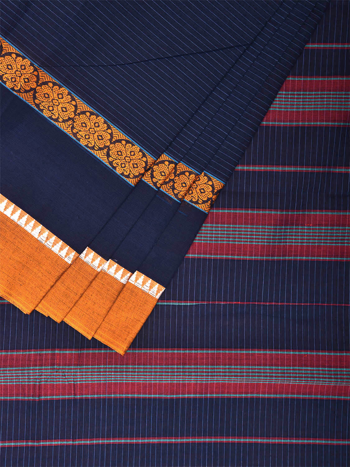 Navy and Yellow Narayanpet Cotton Handloom Saree with Strips Design No Blouse np0980