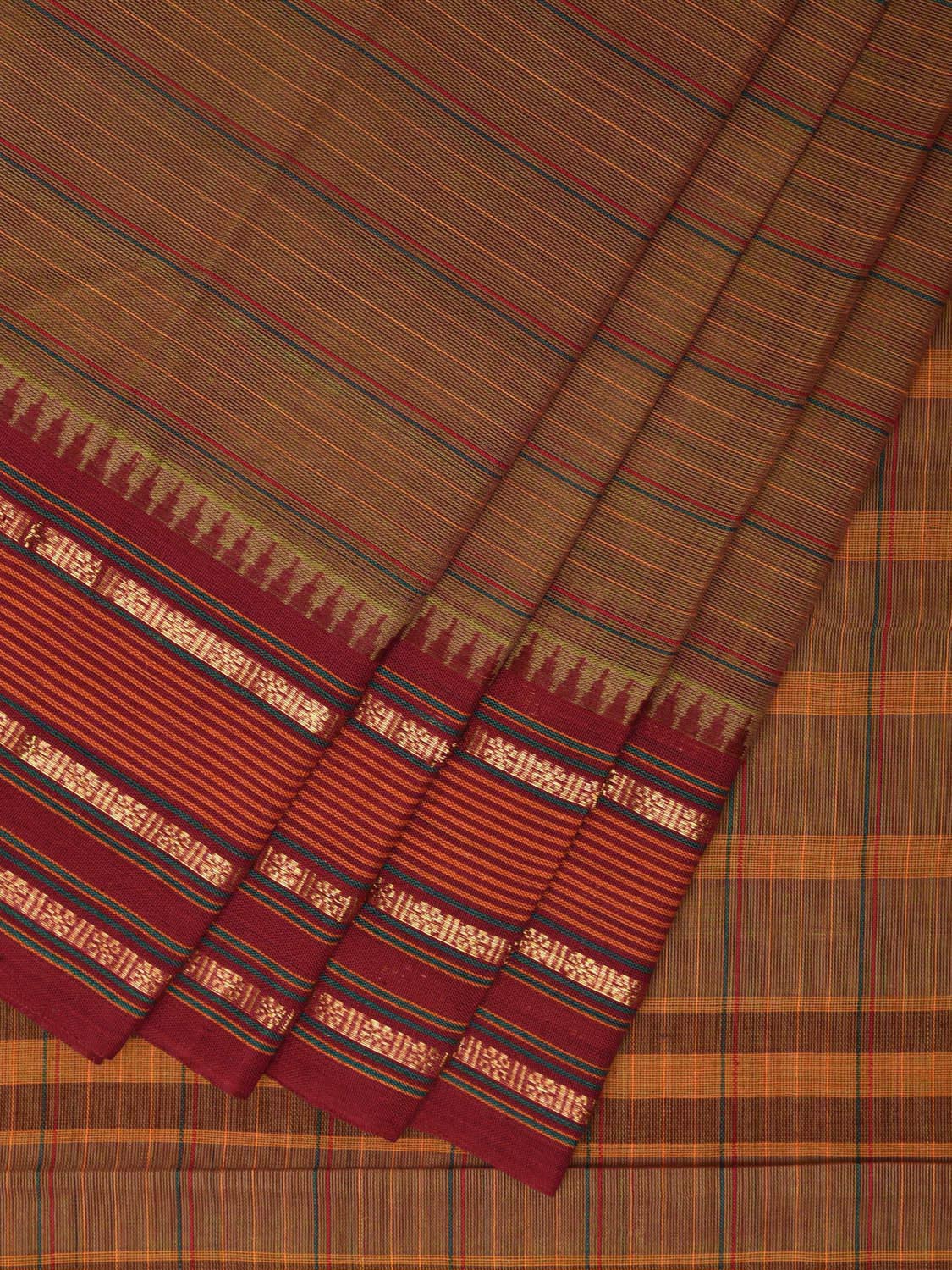 Fawn and Red Narayanpet Cotton Handloom Saree with Strips Design No Blouse np0982