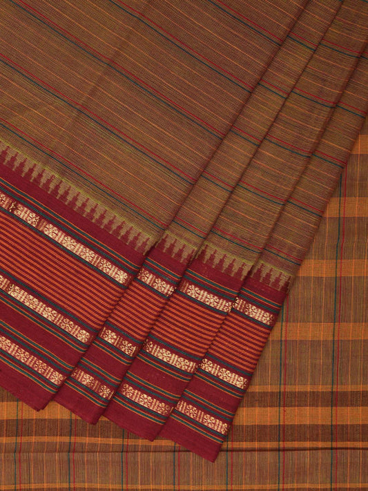 Fawn and Red Narayanpet Cotton Handloom Saree with Strips Design No Blouse np0982