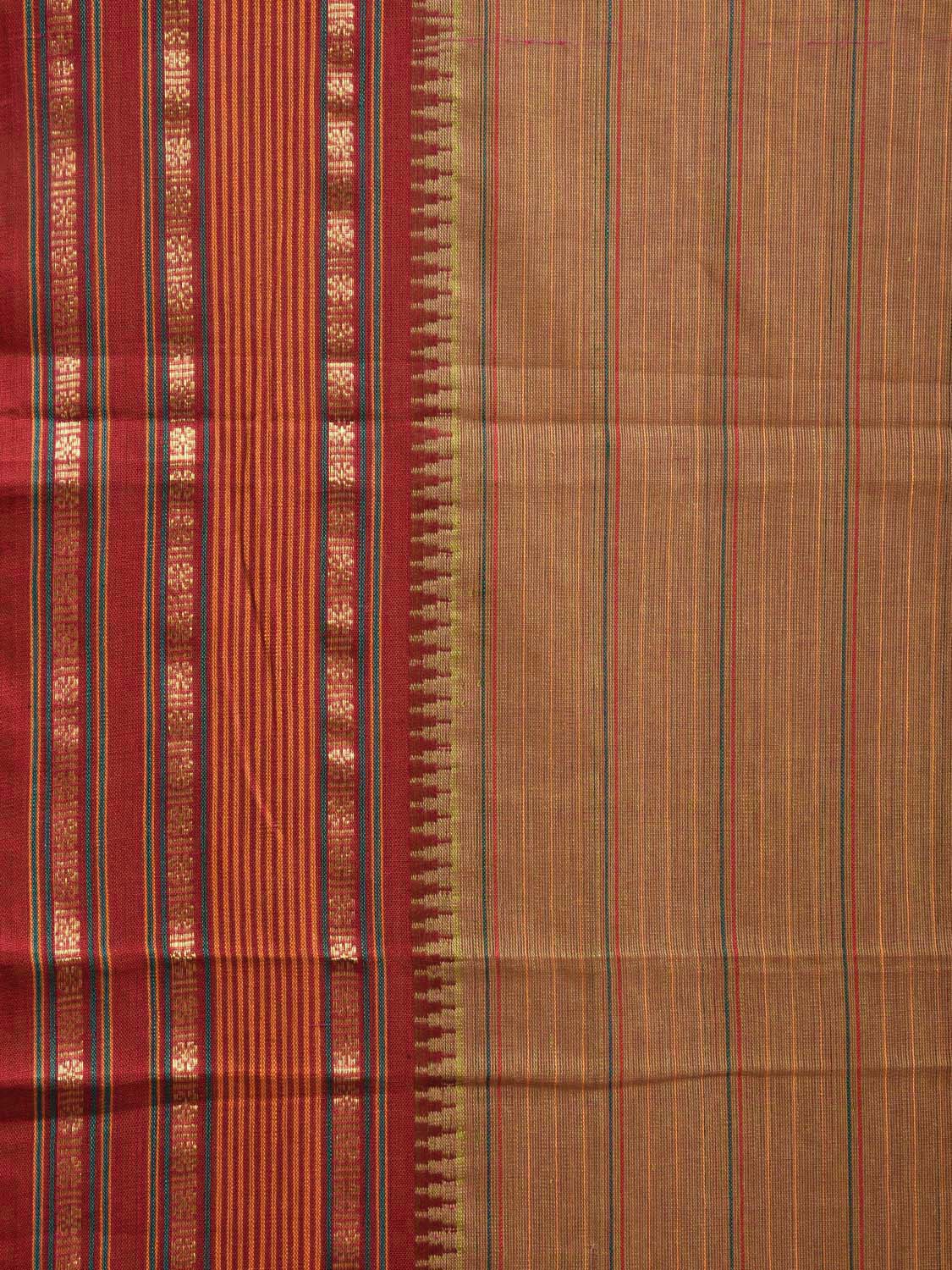 Fawn and Red Narayanpet Cotton Handloom Saree with Strips Design No Blouse np0982