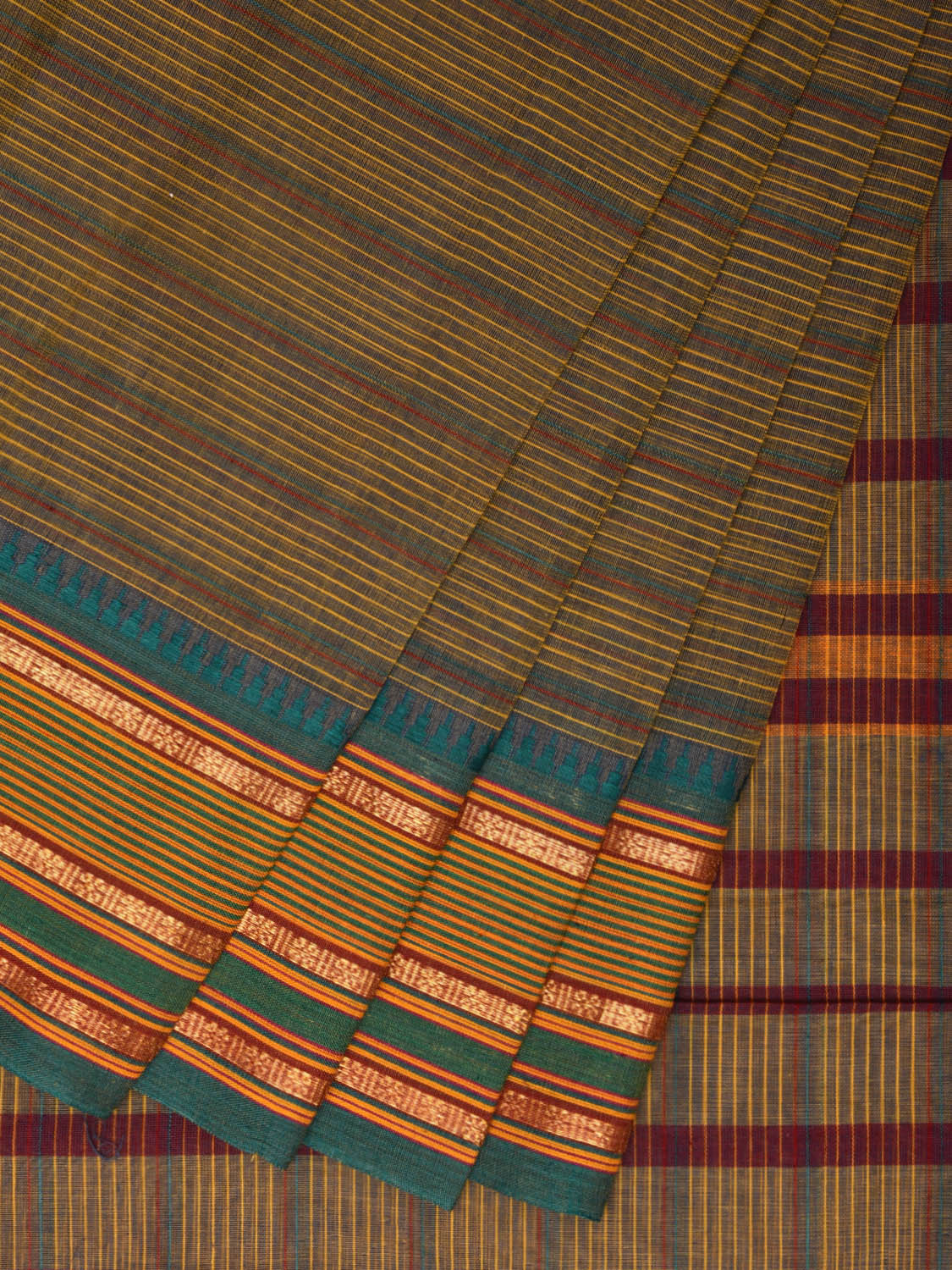 Olive and Teal Narayanpet Cotton Handloom Saree with Strips Design No Blouse np0984