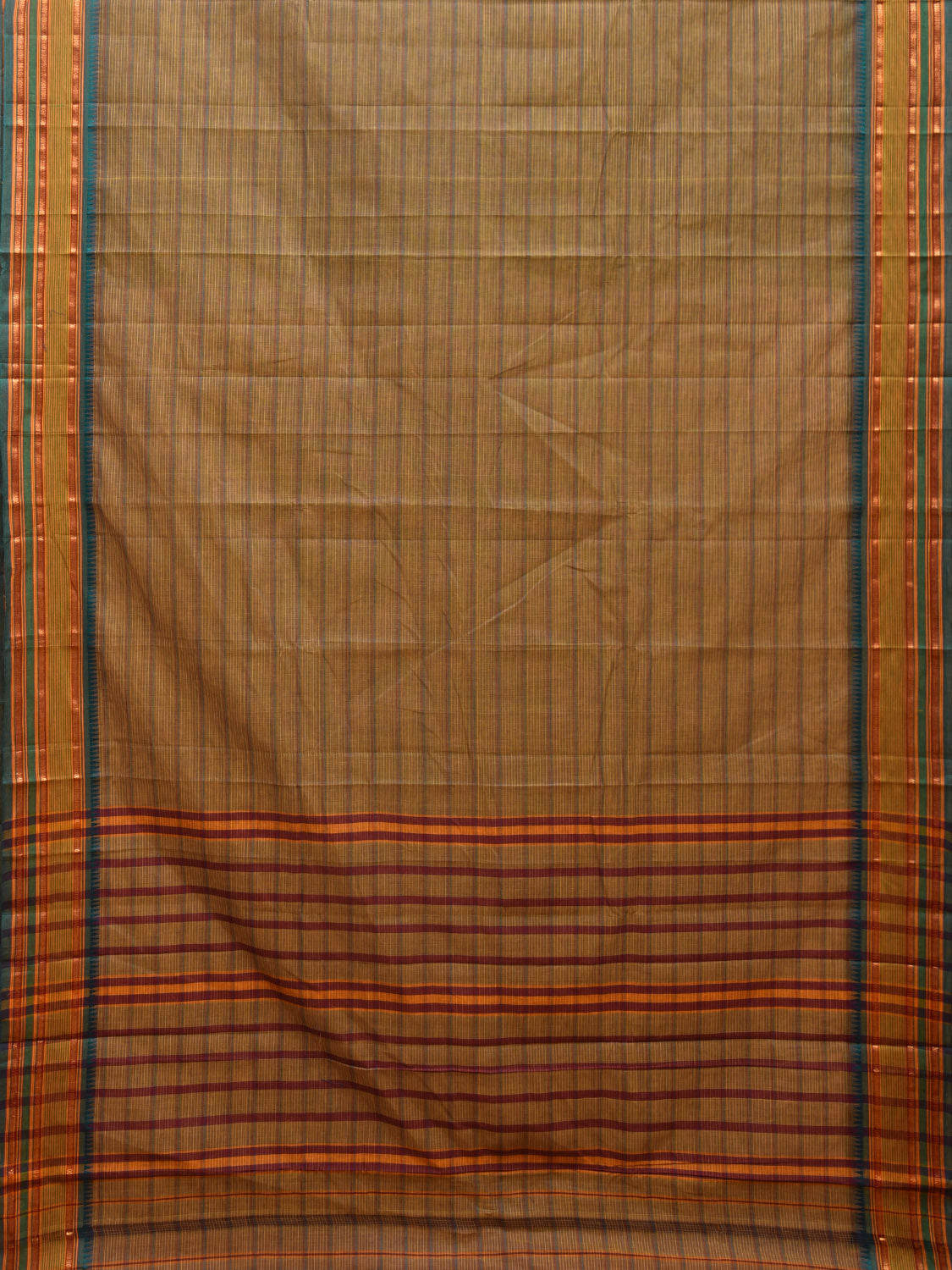 Olive and Teal Narayanpet Cotton Handloom Saree with Strips Design No Blouse np0984